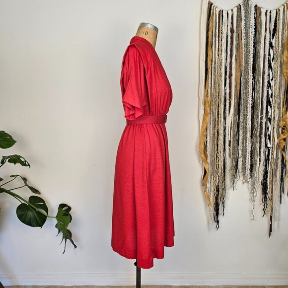 80's Vintage Red Midi Dress with Belt _ Rhodes Collections Inc - Picture 3 of 9
